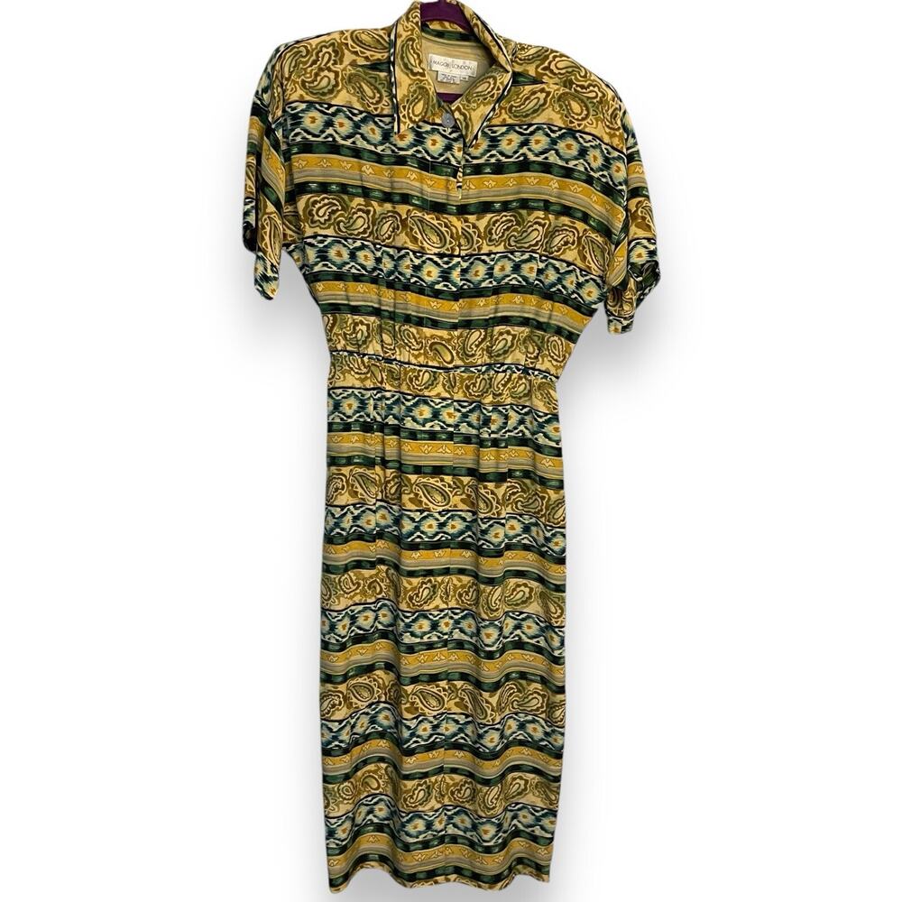 Maggy London Maxi Dress Women's 14 Multicolor Mixed Media Print Button Front VTG